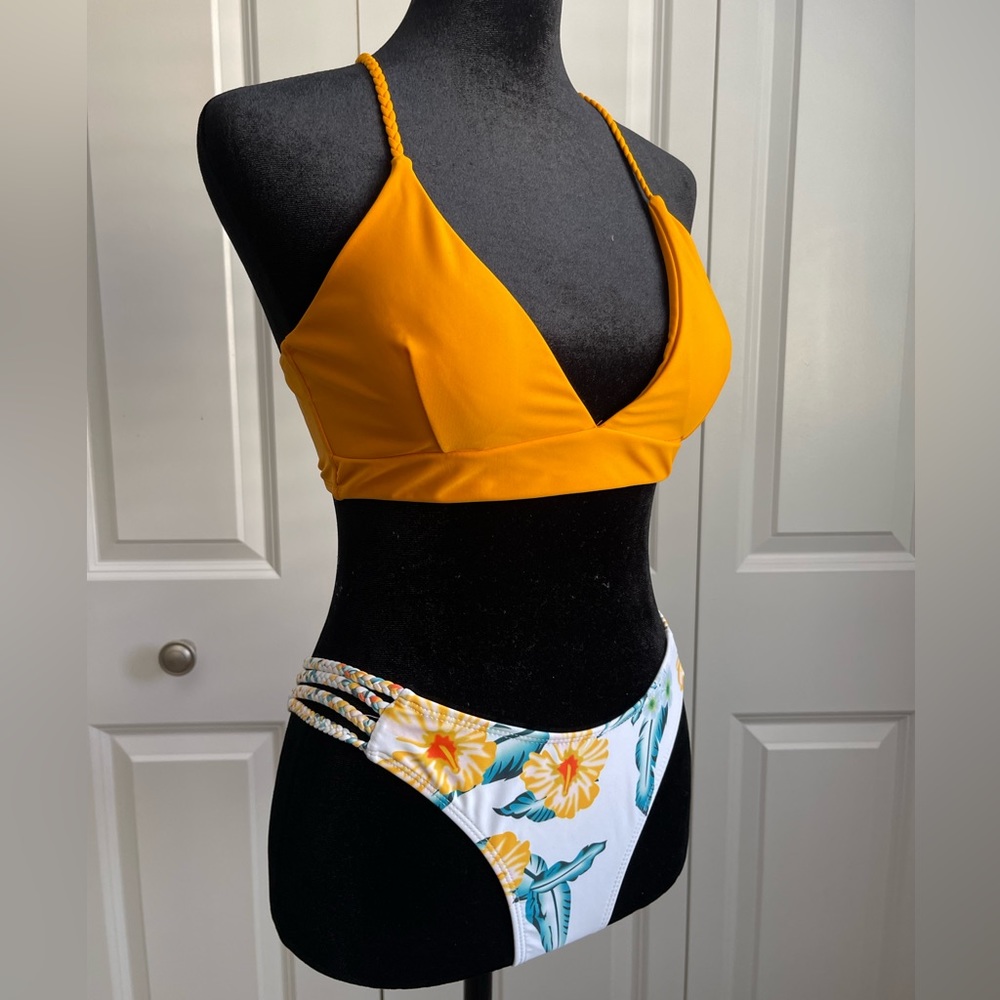Zaful Orange and White Floral Two Piece Swim Set